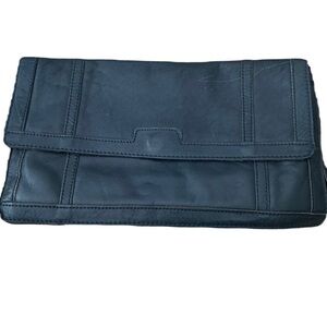 Vintage Black Leather Envelope Clutch Bag with Stitching Details